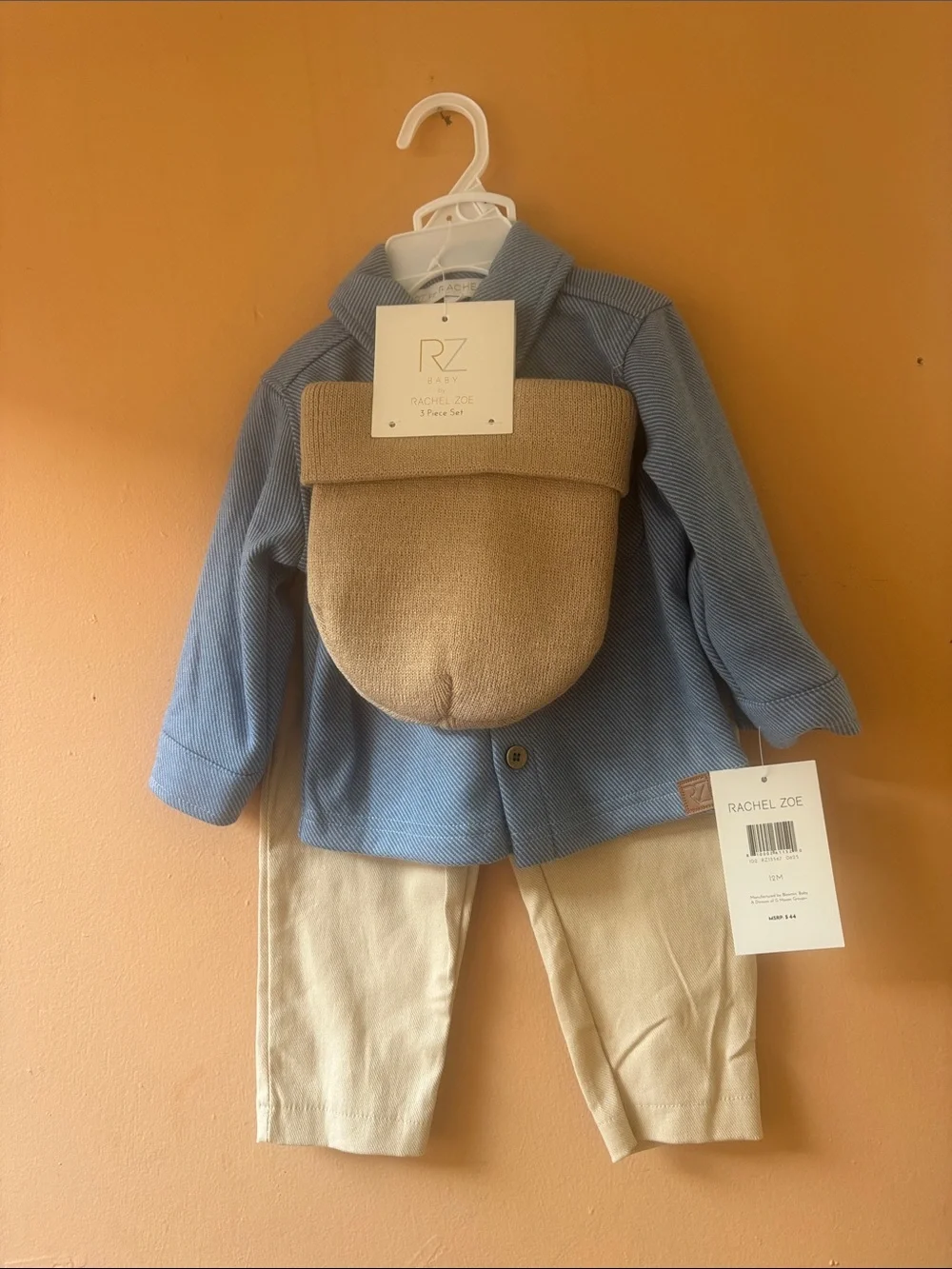 Rachel Zoe Light Blue Jacket Set with Cream Pants and Tan Pouch